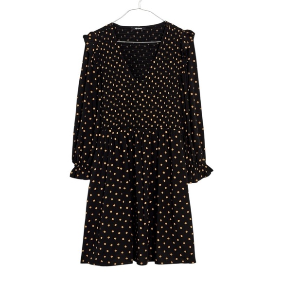 Madewell Lucie V-Neck Smocked Mini Dress in True Black Oval Dot. Size Medium. - Picture 1 of 10